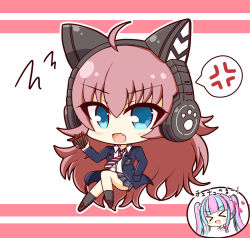 Rule 34 | &gt; &lt;, 2girls, :d, ahoge, anger vein, animal ear headphones, animal ears, bang dream!, black legwear, blue eyes, blue hair, blue jacket, blue skirt, blush, brown footwear, cat ear headphones, collared shirt, commentary, fake animal ears, fang, food, full body, hair bobbles, hair ornament, hand in pocket, headphones, heart, highres, inset, jacket, jerky, loafers, long hair, long sleeves, looking at viewer, multicolored hair, multiple girls, necktie, nyubara reona, open mouth, pink hair, plaid, plaid skirt, red background, red hair, red neckwear, shirt, shoes, sidelocks, skin fang, skirt, smile, socks, solo focus, spoken anger vein, striped neckwear, tamade chiyu, teen (teen629), translated, twintails, two-tone background, two-tone hair, white background, white shirt, xd
