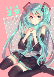 Rule 34 | 1girl, bad id, bad pixiv id, black footwear, black skirt, black thighhighs, blush, boots, character name, closed mouth, dated, detached sleeves, green eyes, green hair, green necktie, grey shirt, hair between eyes, hair ornament, hands up, hatsune miku, highres, long hair, long sleeves, looking at viewer, necktie, nunucco, own hands together, pleated skirt, polka dot, shirt, signature, sitting, skirt, sleeveless, sleeveless shirt, smile, solo, thigh boots, thighhighs, twintails, very long hair, vocaloid, wariza, wide sleeves