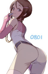 Rule 34 | 1girl, ass, bare shoulders, belt, brown eyes, brown hair, dated, digimon, digimon adventure 02, elbow gloves, fingerless gloves, gloves, hair ornament, hairclip, hand on own thigh, high-waist shorts, jewelry, leaning forward, looking at viewer, looking back, multicolored shirt, necklace, pink gloves, pink shirt, shirt, short hair, shorts, simple background, sleeveless, sleeveless shirt, smile, solo, ter (otokoter), whistle, white background, white shirt, yagami hikari