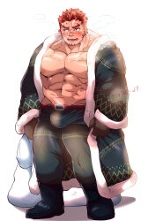 Rule 34 | 1boy, abs, absurdres, akashi (live a hero), alternate costume, averting eyes, bara, blush, breath, bulge, christmas, coat, facial hair, flexing pectorals, full body, fur-trimmed coat, fur trim, goatee, highres, kizami nori to yamaimo, large pectorals, live a hero, long sideburns, male focus, muscular, muscular male, nipples, no shirt, open clothes, open coat, pants, pectorals, red eyes, red hair, sack, scar, scar on face, scar on nose, short hair, shy, sideburns, solo, standing, thick eyebrows