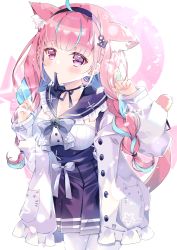 Rule 34 | 1girl, absurdres, ahoge, anchor symbol, animal ear fluff, animal ears, aoi yugina, blunt bangs, blush, bow, bowtie, braid, cat ears, cat tail, closed mouth, cowboy shot, dress, frilled dress, frilled jacket, frills, hairband, hands up, highres, hololive, jacket, long hair, long sleeves, looking at viewer, messy hair, minato aqua, minato aqua (sailor), multicolored clothes, multicolored dress, open clothes, open jacket, pantyhose, pink hair, purple eyes, solo, standing, tail, twin braids, virtual youtuber, white jacket, white pantyhose