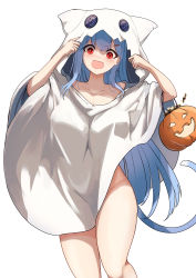 Rule 34 | 1girl, absurdres, animal ears, blue hair, breasts, candy, cat ears, food, ghost costume, halloween, halloween bucket, highres, large breasts, naked costume, namako (namacotan), no bra, no panties, open mouth, plivyou, red eyes, shikai yue, solo, thighs, virtual youtuber