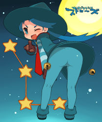 Rule 34 | 1girl, bell, blue eyes, blue hair, gloves, hat, matching hair/eyes, moon, mota, necktie, pantyhose, solo, star (symbol), witch hat
