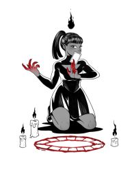 Rule 34 | 1girl, blood, blood on hands, candle, card, claws, cleavage cutout, clothing cutout, covering own mouth, dark-skinned female, dark skin, dress, eunnieboo, fire, full body, high ponytail, kneeling, monochrome, original, shadow, solo, spot color