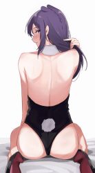 Rule 34 | 1girl, absurdres, ass, back, back focus, bare shoulders, black footwear, blush, detached collar, from behind, high heels, highres, hololive, hololive english, koupi (ku roiko), ku roiko, leotard, long hair, looking at viewer, ninomae ina&#039;nis, parted lips, personification, playboy bunny, purple eyes, purple hair, rabbit tail, shoulder blades, sitting, solo, sweat, tail, takodachi (ninomae ina&#039;nis), virtual youtuber, wariza, white background