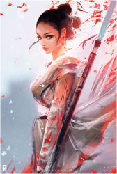 Rule 34 | 1girl, arm tattoo, black hair, expressionless, floating hair, from side, grey eyes, hair behind ear, hair bun, holding, holding staff, leaf, looking at viewer, making-of available, rey (star wars), ross tran, sidelocks, solo, staff, star wars, star wars: the force awakens, tattoo, triple bun