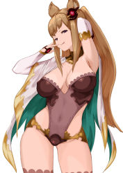 Rule 34 | 10s, 1girl, animal ears, arm behind head, breasts, brown hair, cleavage, contrapposto, covered navel, cowboy shot, detached sleeves, covered erect nipples, erune, granblue fantasy, it apollo, large breasts, leotard, long hair, looking at viewer, metera (granblue fantasy), mole, mole under mouth, naughty face, purple eyes, revealing clothes, sidelocks, smile, solo, standing, thighhighs, twintails, white background