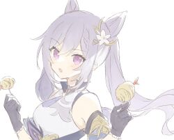 Rule 34 | 1girl, bare shoulders, black gloves, blush, breasts, cone hair bun, double bun, dress, food, genshin impact, gloves, hair between eyes, hair bun, hair ornament, holding, holding food, keqing (genshin impact), long hair, looking at viewer, medium breasts, open mouth, purple eyes, purple hair, shirase (shirose), simple background, solo, tassel, twintails, upper body, very long hair, white background