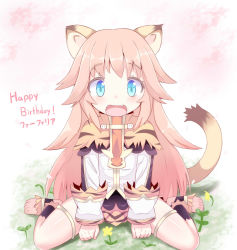 Rule 34 | 1girl, :3, animal ears, blue eyes, blush, capumilian, character name, commentary, fang, farfalia, full body, happy birthday, lion ears, lion girl, lion tail, long hair, looking at viewer, open mouth, pink hair, pop-up story, sitting, skin fang, smile, solo, tail