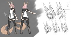 Rule 34 | 1girl, animal ears, arceonn, bare shoulders, black thighhighs, boots, character name, character sheet, expressions, fox ears, fox tail, hair ornament, hairclip, hood, hood down, knee boots, md5 mismatch, miniskirt, multiple tails, nia (arceonn), original, partially colored, pigeon-toed, pink hair, short hair, simple background, skirt, tail, thighhighs, yellow eyes, zipper