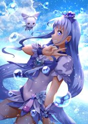 Rule 34 | 1girl, absurdres, blue choker, blue eyes, blue hair, blue skirt, blue sky, brooch, choker, cloud, cloudy sky, coffret (heartcatch precure!), covered navel, cowboy shot, cure marine, curecycadura, dress, earrings, fairy wings, hair ornament, heart, heart brooch, heart hair ornament, heartcatch precure!, highres, jewelry, kurumi erika, looking at viewer, looking to the side, magical girl, ocean, outdoors, precure, puffy short sleeves, puffy sleeves, short sleeves, skirt, sky, smile, thighhighs, v, water, water drop, white dress, white thighhighs, wings