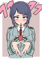 Rule 34 | 1girl, blue hair, blush, boku no hero academia, border, brown background, closed mouth, flat color, food, food in mouth, highres, jirou kyouka, long sleeves, looking at viewer, mouth hold, moz9 shinonome, necktie, pocky, pocky day, pocky in mouth, school uniform, short hair, simple background, solo, upper body, white border