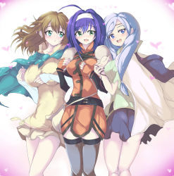 Rule 34 | 3girls, :d, ahoge, alternate breast size, bad id, bad pixiv id, bag, belt, blue eyes, blush, breasts, brown hair, cape, capelet, circlet, echizen (hvcv), elbow gloves, fingerless gloves, fire emblem, fire emblem: path of radiance, fire emblem: radiant dawn, gloves, green eyes, grey hair, grey legwear, hair ornament, hairband, hand on own chest, heart, highres, ilyana (fire emblem), large breasts, long hair, looking at another, looking at viewer, looking back, mia (fire emblem), miniskirt, mist (fire emblem), multiple girls, nintendo, open mouth, purple hair, short hair, simple background, skirt, smile, thighhighs, zettai ryouiki