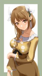 Rule 34 | 1girl, absurdres, border, breasts, brown eyes, brown hair, collarbone, commentary request, cowboy shot, dress, fire emblem, fire emblem engage, goldmary (fire emblem), grey border, hair ribbon, highres, large breasts, long hair, long sleeves, looking at viewer, mu tu bu, nintendo, outside border, ribbon, smile, solo, standing, white background, white ribbon, yellow dress