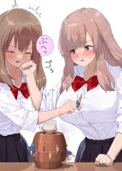 Rule 34 | 2girls, between breasts, black skirt, blush, bow, bowtie, breasts, brown hair, button gap, closed eyes, collared shirt, commentary request, kaisen chuui, large breasts, long hair, looking at another, multiple girls, original, pleated skirt, punching, red bow, red bowtie, school uniform, shirt, simple background, skirt, white background, white shirt