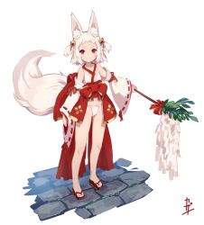 Rule 34 | 1girl, animal ear fluff, animal ears, bare shoulders, bell, bow, brown footwear, closed mouth, collarbone, detached sleeves, fox ears, fox girl, fox tail, fundoshi, gohei, groin, hair bell, hair ornament, hair ribbon, highres, holding, japanese clothes, jingle bell, kazana (sakuto), kimono, long sleeves, looking at viewer, navel, original, red bow, red eyes, red ribbon, ribbon, ribbon-trimmed sleeves, ribbon trim, sandals, short eyebrows, short hair, signature, simple background, sleeveless, sleeveless kimono, sleeves past wrists, smile, solo, standing, tail, thick eyebrows, two side up, white background, white hair, white kimono, white sleeves, wide sleeves, zouri