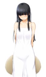 Rule 34 | 10s, arms behind back, black hair, blunt bangs, blush, brown eyes, commentary request, dress, hat, hatsuyuki (kancolle), highres, holding, holding clothes, holding hat, kantai collection, long hair, niwatazumi, open mouth, sidelocks, sleeveless, sleeveless dress, solo, spaghetti strap, sun hat, sundress, unworn hat, unworn headwear