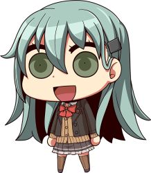 Rule 34 | 1girl, :d, aqua hair, bow, bowtie, brown jacket, brown skirt, brown thighhighs, cardigan, chibi, full body, green eyes, hair ornament, hairclip, jacket, kantai collection, long hair, looking at viewer, open cardigan, open clothes, open mouth, parody, pleated skirt, red bow, red bowtie, riyo (lyomsnpmp) (style), school uniform, simple background, skirt, smile, solo, style parody, suien, suzuya (kancolle), thighhighs, vest, white background