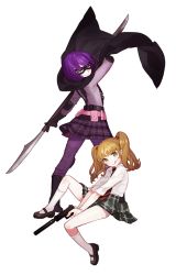 Rule 34 | 2girls, :q, blonde hair, blush, boots, brown hair, cape, dual persona, from behind, green eyes, gwayo, hit-girl, kick-ass, kneehighs, licking lips, looking back, mary janes, mask, mindy macready, multiple girls, naginata, necktie, panties, pantyshot, plaid, plaid skirt, polearm, purple eyes, purple hair, school uniform, shoes, short hair, simple background, skirt, smile, socks, standing, suppressor, tongue, tongue out, twintails, underwear, weapon, white background, white legwear
