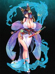Rule 34 | 1girl, animal ears, blue hair, breasts, cleavage, creature, curvy, elbow gloves, fingerless gloves, fox ears, fox girl, full body, gloves, hair ornament, hakama, japanese clothes, katana, large breasts, pqt, project qt, qtenka, sandals, sash, socks, sword, tabi, tail, thick thighs, thighs, violet (project qt), weapon