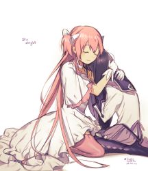 Rule 34 | 2017, 2girls, absurdly long hair, akemi homura, argyle, argyle clothes, argyle legwear, black hair, black thighhighs, choker, closed eyes, comforting, commentary, crying, dated, dress, english commentary, english text, facing away, frilled dress, frills, full body, gloves, hair ribbon, hands on another&#039;s back, hands on own face, highres, hug, kaname madoka, light smile, long dress, long hair, long sleeves, mahou shoujo madoka magica, mahou shoujo madoka magica (anime), multiple girls, pink hair, pink legwear, purple ribbon, ribbon, sad, seiza, short sleeves, sitting, soul gem, tears, thighhighs, twintails, twitter username, ultimate madoka, velahka, very long hair, white background, white choker, white dress, white gloves, white neckwear, white ribbon, wide sleeves