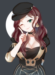 Rule 34 | 1girl, artist name, black hat, breasts, brown hair, chocojax, choker, cleavage, closed mouth, commission, dorothea arnault, earrings, fire emblem, fire emblem: three houses, garreg mach monastery uniform, green eyes, hat, highres, jewelry, large breasts, long hair, nintendo, one eye closed, simple background, smile, solo, uniform, upper body