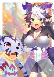 Rule 34 | 1girl, :d, animal ear fluff, animal ears, black gloves, black shorts, blurry, blurry background, breasts, cleavage, commentary request, depth of field, digimon, elbow gloves, fangs, fingerless gloves, gabumon, gloves, green eyes, hands up, horns, indie virtual youtuber, kou hiyoyo, large breasts, loki lux, looking at viewer, multicolored hair, nail polish, open mouth, purple hair, purple nails, red eyes, sharp teeth, short eyebrows, short shorts, shorts, single glove, smile, tail, teeth, thick eyebrows, two-tone hair, virtual youtuber, white hair