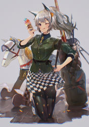 Rule 34 | 1girl, :p, absurdres, animal ear fluff, animal ears, arknights, black pantyhose, blush, checkered clothes, checkered skirt, commentary, food, grani (arknights), grani (miraculous moment) (arknights), green shirt, grey eyes, highres, hip vent, holding, holding food, horse ears, horse girl, ice cream, ice cream cone, kneeling, looking at viewer, miniskirt, official alternate costume, one eye closed, pantyhose, shike guma, shirt, shoes, short hair, silver hair, skirt, sneakers, solo, tongue, tongue out, white footwear