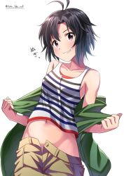 Rule 34 | 1girl, absurdres, antenna hair, artist name, bare shoulders, black hair, black tank top, blue tank top, blush, breasts, brown shorts, clothes pull, collarbone, commentary, cowboy shot, green hoodie, grin, groin, hair between eyes, highres, hood, hoodie, idolmaster, idolmaster (classic), kikuchi makoto, looking at viewer, midriff, navel, open clothes, open fly, open hoodie, opened by self, parted lips, purple eyes, short hair, shorts, shorts pull, simple background, small breasts, smile, solo, stomach, striped, striped tank top, takatsuki p, tank top, translated, twitter username, unbuttoned, undressing, w arms, white background, white tank top