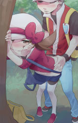 Rule 34 | 1boy, 1girl, bent over, blush, brown hair, clothed sex, creatures (company), doggystyle, game freak, hat, hetero, highres, lyra (pokemon), nintendo, open mouth, outdoors, overalls, overalls pull, pokemon, pokemon frlg, pokemon hgss, pumpkinpan, red (pokemon), red (pokemon frlg), sex, sex from behind, tree, trembling, twintails