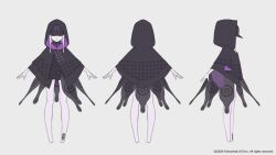 1girl bare_legs barefoot black_cloak bouquet_flowerlessgarden cloak concept_art covered_eyes expressionless full_body grey_hair hood hood_up hooded_cloak kuroboshi_kouhaku multiple_views official_art tsurugihime