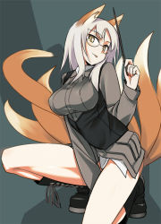 Rule 34 | 10s, 1girl, :p, animal ears, bad id, bad pixiv id, blush, boots, brave witches, breasts, edytha rossmann, fox ears, fox tail, glasses, head tilt, knee boots, large breasts, legs, multiple tails, naughty face, ningen (ningen96), ningen (ningen (96), no pants, on one knee, pointer, solo, strike witches, tail, tongue, tongue out, white hair, world witches series, yellow eyes