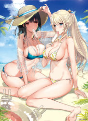 Rule 34 | 2girls, adjusting clothes, adjusting headwear, arm support, ass, atago (kancolle), bare shoulders, barefoot, beach, bikini, black hair, blonde hair, blush, bracelet, braid, breasts, butt crack, cloud, collarbone, day, eating, fern, fingernails, food, french braid, hair ornament, hair ribbon, hat, hayakawa akari, highres, holding, holding food, innertube, jewelry, kantai collection, large breasts, licking, long hair, medium hair, mouth hold, multiple girls, navel, outdoors, palm tree, ponytail, popsicle, ribbon, side-tie bikini bottom, sidelocks, sitting, skindentation, sky, stomach, sun hat, sweat, swim ring, swimsuit, takao (kancolle), thighs, tongue, tongue out, tree, wariza, water