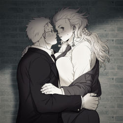Rule 34 | 1boy, 1girl, between breasts, blush, breast press, breasts, brick wall, collared shirt, dorohedoro, ear blush, earrings, face-to-face, formal, from side, glasses, hand on another&#039;s arm, hand on another&#039;s hip, hand on another&#039;s neck, hand on another&#039;s shoulder, hand up, height difference, hetero, highres, imminent kiss, jacket, jewelry, ki (mxxxx), large breasts, long hair, long sleeves, looking at viewer, monochrome, necktie, necktie between breasts, noi (dorohedoro), nose blush, off shoulder, parted lips, shin (dorohedoro), shirt, short hair, sideways glance, star (symbol), stitched fingers, stitched hand, suit, surprised, upper body