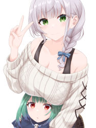 Rule 34 | 2girls, bare shoulders, bow, bra strap, braid, breast rest, breasts, breasts on head, cleavage, closed mouth, collarbone, eyes visible through hair, green eyes, green hair, grey hair, hair bow, hair ribbon, hand up, highres, hololive, large breasts, looking at viewer, multiple girls, nikahoshikuzu, off-shoulder sweater, off shoulder, open mouth, red eyes, ribbed sweater, ribbon, shirogane noel, shirogane noel (casual), single braid, smile, sweater, uruha rushia, uruha rushia (1st costume), v, virtual youtuber