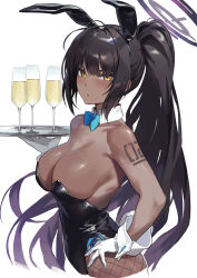 Rule 34 | 1girl, alcohol, animal ears, arm tattoo, bare shoulders, black hair, black leotard, blue archive, blue bow, blue bowtie, blush, bow, bowtie, breasts, cleavage, cup, dark-skinned female, dark skin, detached collar, drinking glass, fake animal ears, fake tail, female focus, fishnet pantyhose, fishnets, gloves, hairband, halo, highleg, highleg leotard, highres, karin (blue archive), karin (bunny) (blue archive), kinta (distortion), large breasts, leotard, long hair, looking at viewer, number tattoo, official alternate costume, pantyhose, playboy bunny, ponytail, rabbit ears, rabbit tail, side-tie leotard, sideboob, sidelocks, solo, strapless, strapless leotard, tail, tattoo, tray, very long hair, white gloves, wine, wrist cuffs, yellow eyes