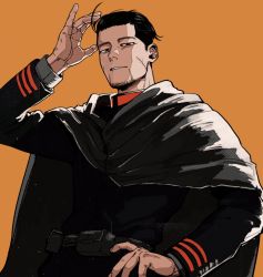 Rule 34 | arm up, belt, black eyes, black hair, black jacket, brown background, buttons, cape, collared jacket, commentary request, facial hair, facial scar, golden kamuy, grey cape, hair slicked back, hair strand, hand in own hair, hand on own hip, highres, hood, hood down, hooded cape, imperial japanese army, jacket, long sleeves, looking at viewer, male focus, military, military uniform, ogata hyakunosuke, parted lips, pouch, scar, scar on cheek, scar on face, short hair, simple background, smile, solo, standing, stubble, tonta (tonta1231), undercut, uniform, upper body