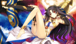 Rule 34 | 1girl, anklet, armlet, artist name, ass, asymmetrical gloves, asymmetrical legwear, asymmetrical sleeves, bare arms, bare legs, bare shoulders, barefoot, black gloves, black hair, black ribbon, black thighhighs, breasts, bridal gauntlets, closed mouth, crown, earrings, elbow gloves, fate/grand order, fate (series), feet, female focus, floating hair, full body, gem, gloves, hair ribbon, hand on own knee, head tilt, heavenly boat maanna, highres, hoop earrings, ishtar (fate), jewelry, kauto, knees together feet apart, knees up, leg up, legs, light smile, long hair, looking at viewer, lying, medium breasts, neck ring, on back, pelvic curtain, red eyes, revealing clothes, ribbon, signature, single elbow glove, single glove, single thighhigh, smile, solo, space, strapless, thighhighs, thighlet, thighs, toeless legwear, toes, tohsaka rin, two side up, type-moon, uneven gloves, uneven legwear, uneven sleeves, waist cape