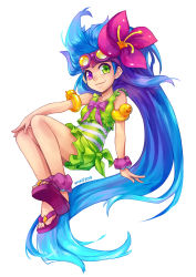 Rule 34 | 1girl, absurdly long hair, ankle scrunchie, bare legs, blue hair, breasts, flower, full body, goggles, goggles on head, hair flower, hair ornament, heterochromia, highres, league of legends, long hair, looking at viewer, multicolored hair, pink flower, pink hair, pink scrunchie, pool party (league of legends), pool party zoe, purple eyes, scrunchie, shoes, simple background, smile, swimsuit, two-tone hair, very long hair, vmat, white background, wrist scrunchie, zoe (league of legends)