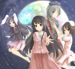 Rule 34 | 4girls, animal ears, ankle socks, aqua eyes, barefoot, black hair, braid, brown eyes, dress, full moon, grin, hand on own chest, houraisan kaguya, inaba tewi, jacket, japanese clothes, jumping, long hair, long sleeves, looking at viewer, moon, multiple girls, necktie, one eye closed, open mouth, outstretched hand, pleated skirt, ponytail, purple hair, rabbit ears, red eyes, reisen udongein inaba, shimada sarasara, short hair, short sleeves, silver hair, single braid, skirt, sky, smile, socks, star (sky), starry sky, suit jacket, touhou, yagokoro eirin
