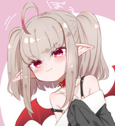 Rule 34 | 1girl, absurdres, ahoge, bat wings, belt collar, blush, closed mouth, collar, fang, fang out, grey hair, head tilt, highres, holding, looking at viewer, makaino ririmu, nijisanji, off-shoulder jacket, off shoulder, pointy ears, red eyes, skin fang, sleeves past fingers, sleeves past wrists, smile, smug, solo, strap slip, twintails, utsusumi kio, virtual youtuber, wings