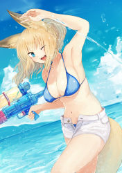 Rule 34 | 1girl, :d, animal ears, armpits, batta (kanzume quality), bikini, blonde hair, blue bikini, blue eyes, blue sky, breasts, cloud, commentary request, day, dutch angle, finger on trigger, fox ears, fox tail, hand up, horizon, large breasts, looking at viewer, navel, ocean, one eye closed, open mouth, original, outdoors, short shorts, shorts, sky, smile, solo, swimsuit, tail, water gun, wet, white shorts