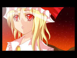 Rule 34 | 1girl, :o, anime coloring, blonde hair, border, close-up, dotera, embodiment of scarlet devil, female focus, flandre scarlet, hair ribbon, hanazome dotera, looking up, red eyes, ribbon, side ponytail, sky, solo, star (sky), starry sky, touhou