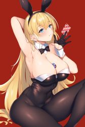 Rule 34 | 1girl, absurdres, animal ears, arm behind head, arm up, armpits, azur lane, bare shoulders, between breasts, black bow, black bowtie, black gloves, black leotard, blonde hair, blue eyes, blush, bow, bowtie, breasts, brown pantyhose, card, cleavage, covered navel, detached collar, eyelashes, fake animal ears, fine fabric emphasis, gloves, hair between eyes, half gloves, hand up, highleg, highleg leotard, highres, holding, holding card, large breasts, leotard, long hair, looking at viewer, north carolina (azur lane), pantyhose, parted lips, playboy bunny, poker chip, rabbit ears, raiou, red background, sidelocks, simple background, sitting, solo, strapless, strapless leotard, very long hair, wrist cuffs
