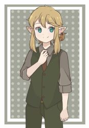 Rule 34 | 1boy, alternate costume, blonde hair, blue eyes, border, buttons, chocomiru, closed mouth, earrings, eyebrows hidden by hair, green pants, jewelry, link, looking at viewer, necktie, nintendo, pants, pointy ears, polka dot, polka dot background, smile, solo, the legend of zelda, upper body, white border