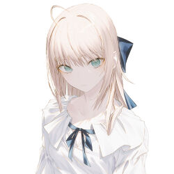 1girl ahoge artoria_pendragon_(all) artoria_pendragon_(fate) blonde_hair blue_eyes blue_ribbon breasts closed_mouth commentary fate/stay_night fate_(series) fov_ps long_hair looking_at_viewer neck_ribbon ribbon saber_(fate) shirt sidelocks simple_background small_breasts solo upper_body white_background white_shirt