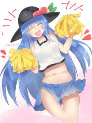Rule 34 | +++, 1girl, ^ ^, belly, blue hair, cheerleader, closed eyes, collarbone, cowboy shot, cropped legs, emushake, closed eyes, food, fruit, groin, hat, heart, hinanawi tenshi, long hair, navel, open mouth, peach, pom pom (cheerleading), solo, tank top, touhou, translation request