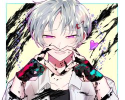 Rule 34 | 1boy, bad id, bad twitter id, black shirt, blush, border, collarbone, collared shirt, commentary request, gloves, grey hair, hair ornament, hairclip, haji (hajimaji), half-closed eyes, half gloves, hands up, heart, heart hands, highres, long sleeves, looking at viewer, male focus, open clothes, open shirt, original, paint, paint on clothes, paint on fingers, paint splatter, paint splatter on face, pink eyes, portrait, raku (lingpa), shirt, short hair, smile, solo, teeth, white border, white shirt, yellow background