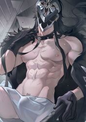 Rule 34 | 1boy, abs, bare shoulders, black collar, black hair, bulge, capitano (genshin impact), coat, unworn coat, collar, collarbone, commentary request, covered face, fur-trimmed coat, fur trim, genshin impact, glasses, gloves, hand up, highres, holding, indoors, leash, long hair, lying, male focus, male pubic hair, mask, navel, on back, on floor, pectorals, pos po, pubic hair, scar, scar on chest, solo, spiked collar, spikes, stomach, sweat, toned, toned male