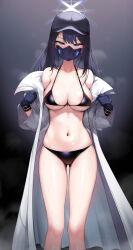 Rule 34 | 1girl, absurdres, baseball cap, bikini, bikini under clothes, black bikini, black gloves, black hair, black hat, black mask, blue archive, blue eyes, breasts, coat, collarbone, dark background, feet out of frame, gloves, halo, hat, highres, large breasts, long hair, looking at viewer, mask, mouth mask, navel, off shoulder, open clothes, open coat, saori (blue archive), solo, swimsuit, topu, white coat